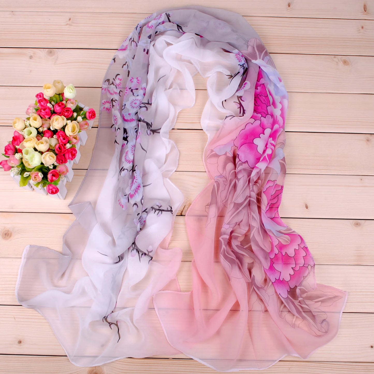 New Peony Flower Women's Printed Chiffon Long Scarves Wholesale Yiwu Autumn and Winter Scarves Small Scarves