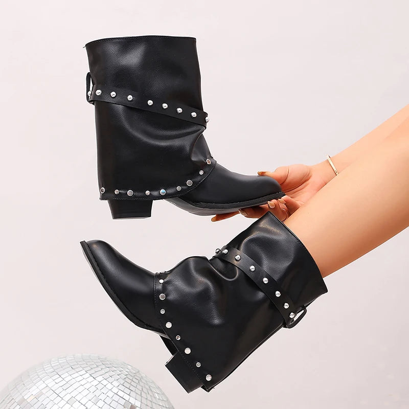 Punk Wide Leg High Heel Ankle Boots Women Plus Size 42 Pointed Toe Slouchy Boots Woman Slip On Thick Heeled Motorcycle Botas