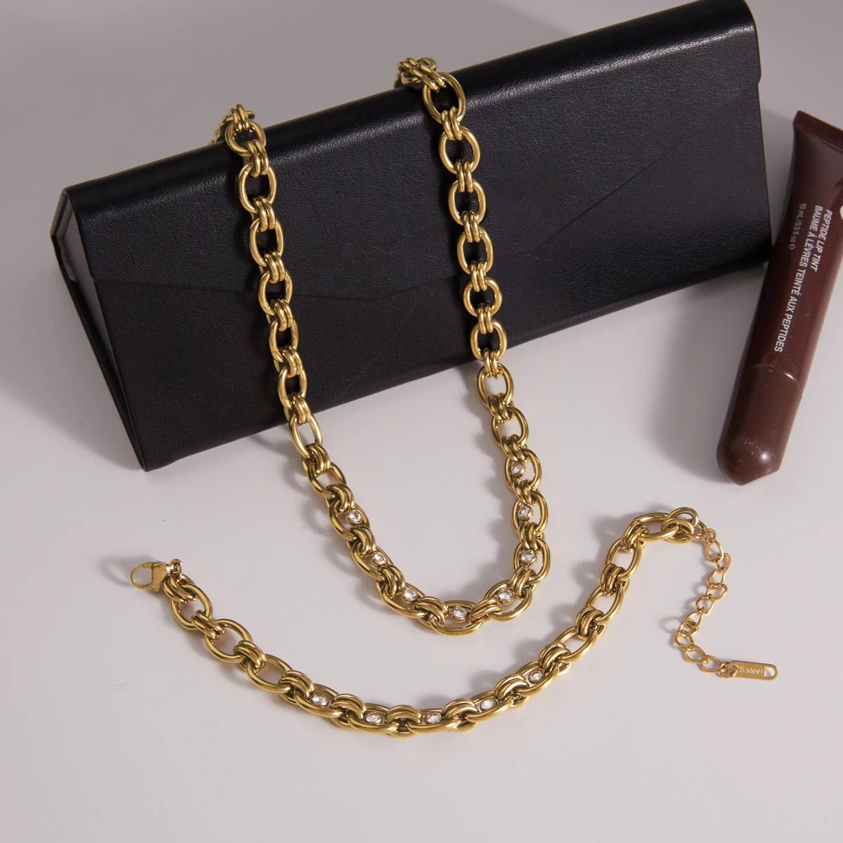 Uworld Delicate Zircon Chunky Chain Necklace Bracelet For Women Minimalist 18K Gold PVD Plated Stainless Steel Necklace Bracelet