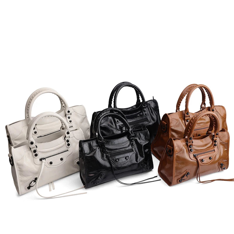 Women's Genuine Leather Tote Bag Waxed Cowhide Large Capacity Motorcycle bag ,Luxury Trendy Versatile All-match Commuting Bag