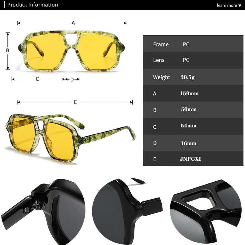 JNPCXI New Ins Popular Fashion Double Bridges Square Men Sunglasses Vintage Punk Yellow Shades UV400 Men Trending Sun Glasses