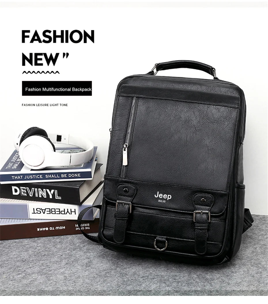 JEEP BULUO Leather Men Backpack Business 15.6" PC Bag Large Capacity Travel Bag