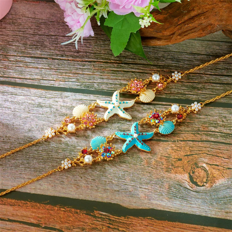 Exaggerated Colorful Shell Starfish Pendant Necklace for Women Summer Beach Party Pearl Rhinestone Choker Necklace Y2K Jewelry