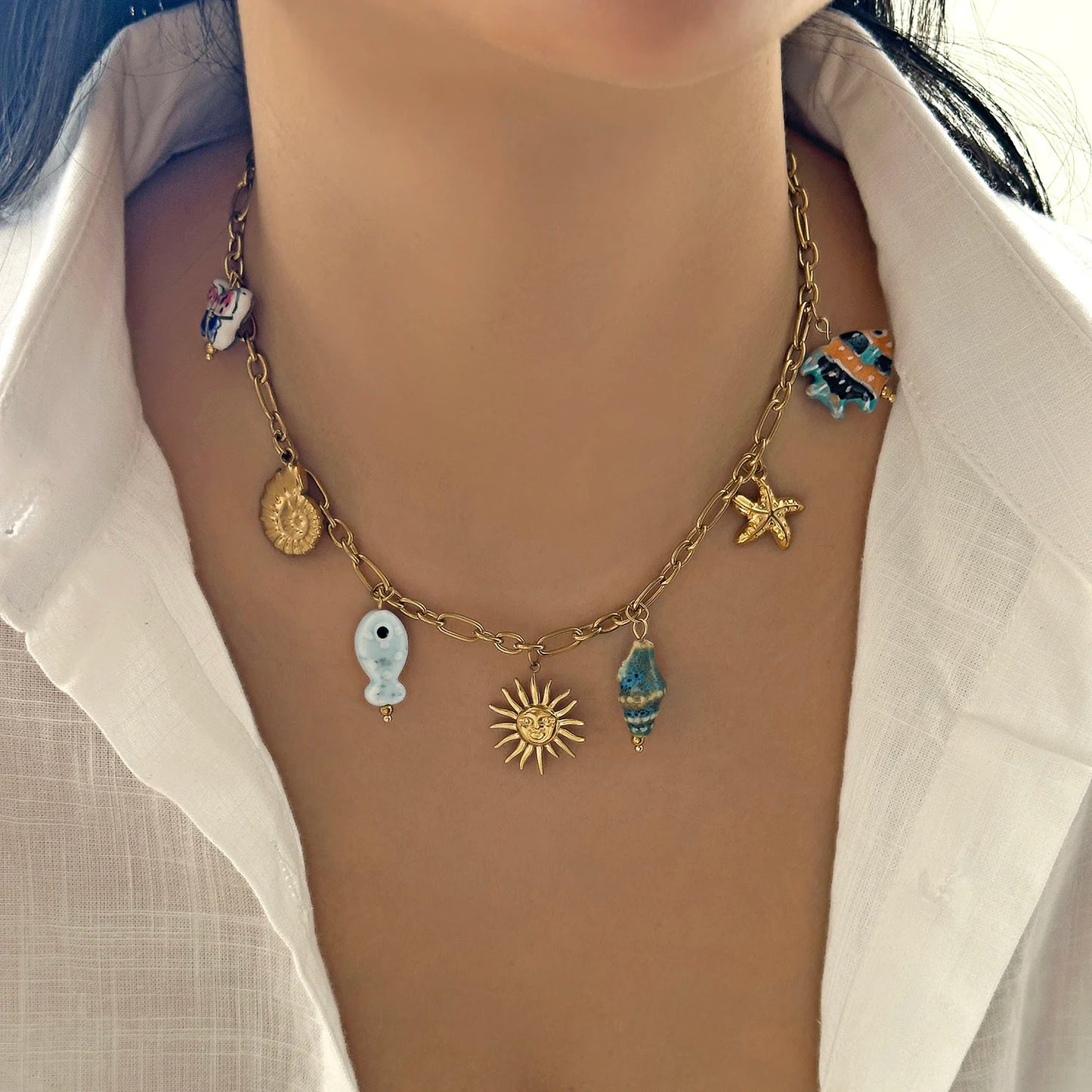 Charming Ceramic Fish Sea Turtle Sun Starfish Pendant Necklace for Women Stainless Steel Gold Color Necklace Beach Party Jewelry