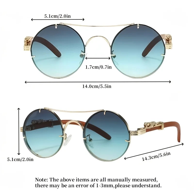 Unisex Retro Round Lens Metal Leopard Imitation Wood Grain Temple Design Fashionable and Trendy Decorative Glasses