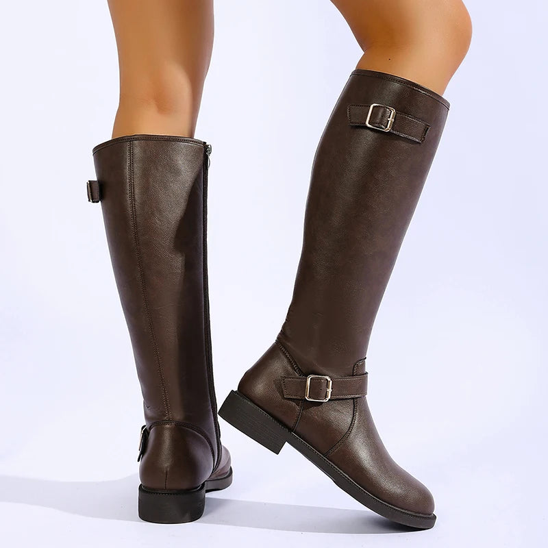 Fashion Buckle Pu Leather Knee High Boots Women Plus Size 43 Low Heels Long Boots Woman 2026 Side Zipper Punk Goth Botas Mujer