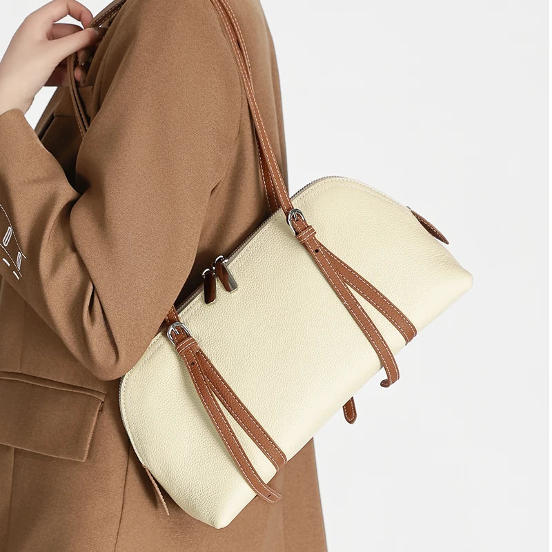Fashion Women Cowhide Genuine Leather Solid Color Tote Bag Large Capacity Shoulder Bag Trendy Versatile All-match Commuting Bag