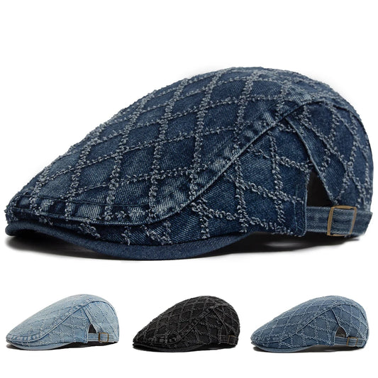 Denim Plaid Vintage Men Berets Washed Cotton Women's Beret Retro Casual Solid Color Flat Cap Summer Sun Visor Cap Adjustable