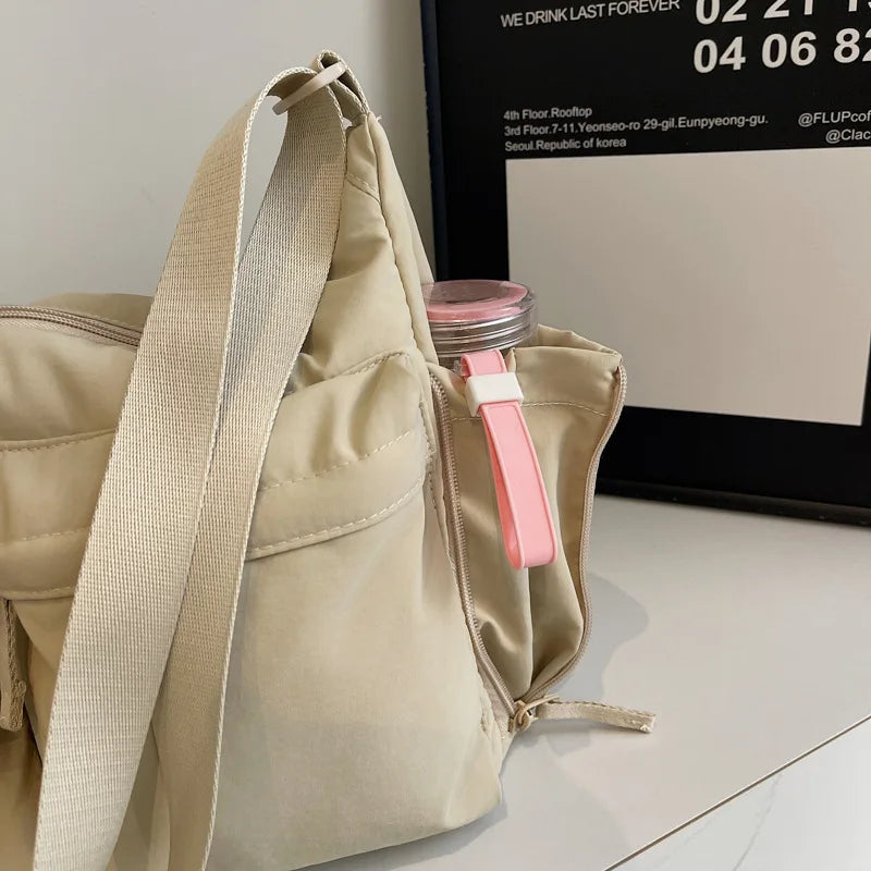 White Casual Work Style Waterproof Nylon Crossbody Shoulder Bag W/Large Capacity