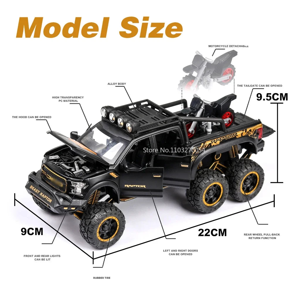 1/28 Scale Raptor F150 Alloy Truck Cars Model Toys Metal Diecasts Sound Light Pull Back Off-Road Vehicles for Kids Birthday Gift
