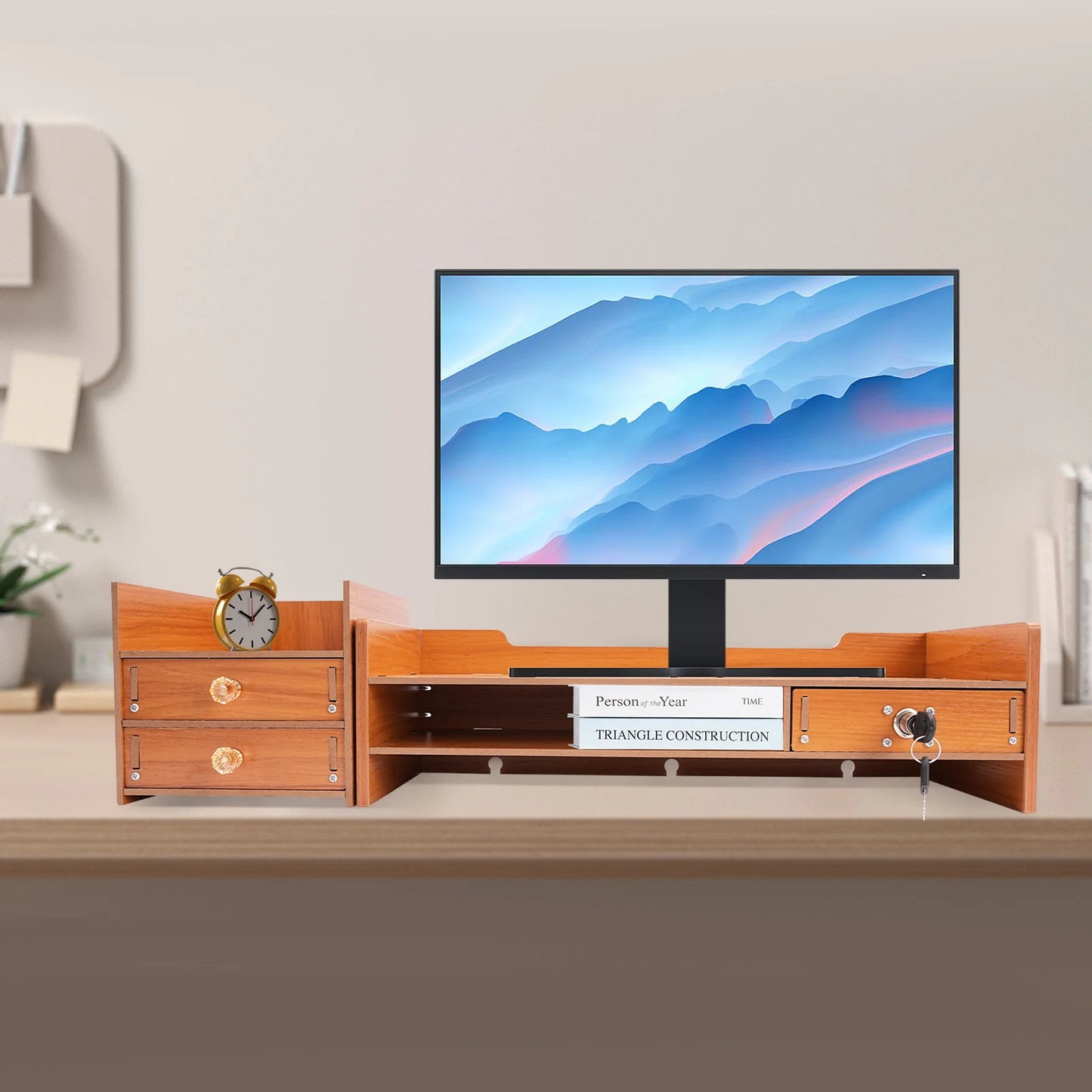 Wood Monitor Stand Riser Computer w/Drawer & Lock, Home Laptop Desktop Organizer