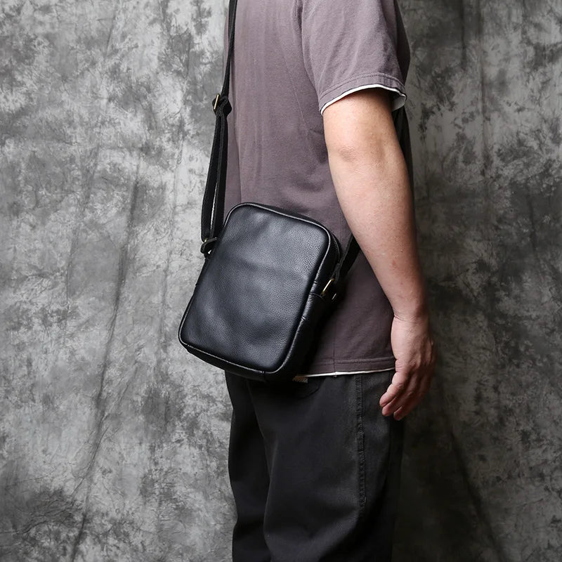 NZPJ Leather Mens Shoulder Bag Casual Crossbody Bag Natural Cowhide Vertical Bag