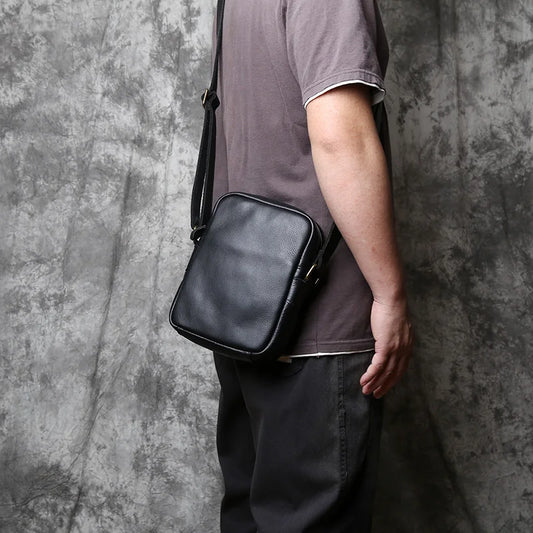 NZPJ Leather Mens Shoulder Bag Casual Crossbody Bag Natural Cowhide Vertical Bag