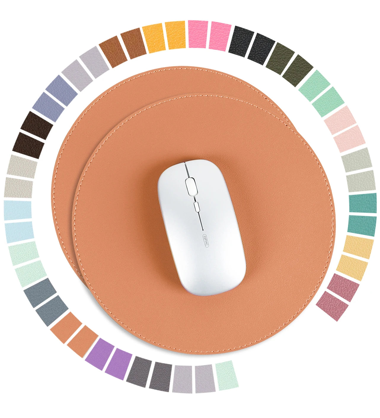2Pack Round Mouse Pad，Leather Mouse Mat with Stitched Edge Micro-Fiber Base with Non-Slip Waterproof，Mouse Pad for Comput
