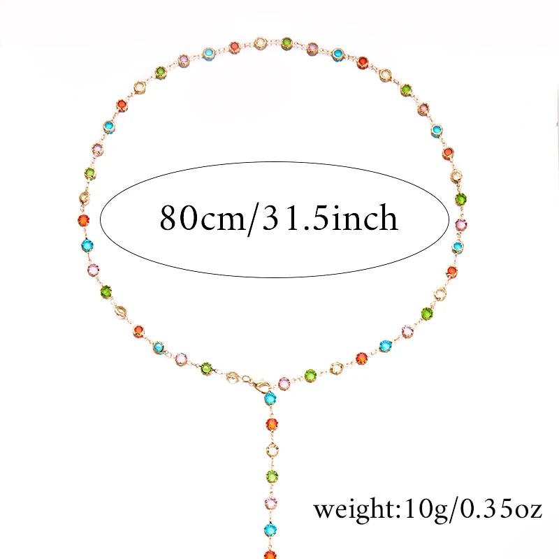 Boho Fashion Y2K Colorful Glass Pearl Long Y-Shaped Necklace Metal Collarbone Chain Holiday Travel Party Body Jewelry Accessory
