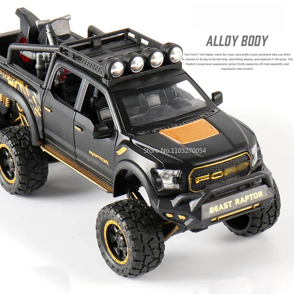 1/28 Scale Raptor F150 Alloy Truck Cars Model Toys Metal Diecasts Sound Light Pull Back Off-Road Vehicles for Kids Birthday Gift