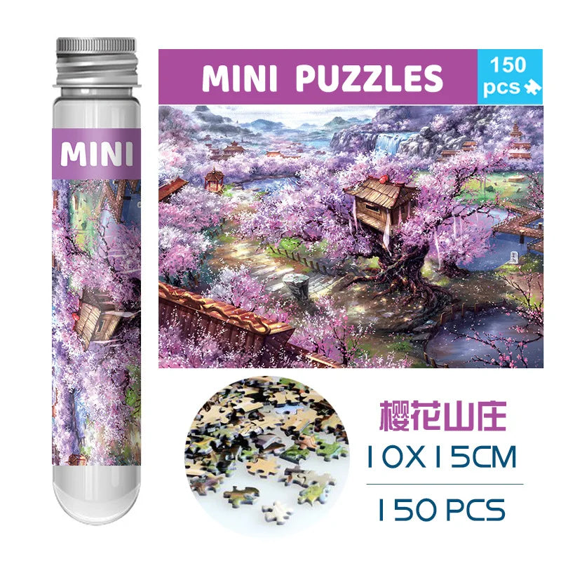 MaxRenard 150pcs Mini Jigsaw Puzzles Test Tube 15*10cm Travel Game Family Small Pocket Puzzle Cartoon Sakura Villa Flamingo