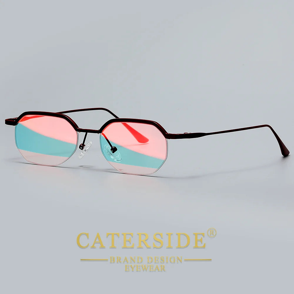 CATERSIDE Retro Polygon Sunglasses Men Metal Semi Rimless Sun Glasses Uv400 Women Outdoor Protection Driving Decorative Eyewear
