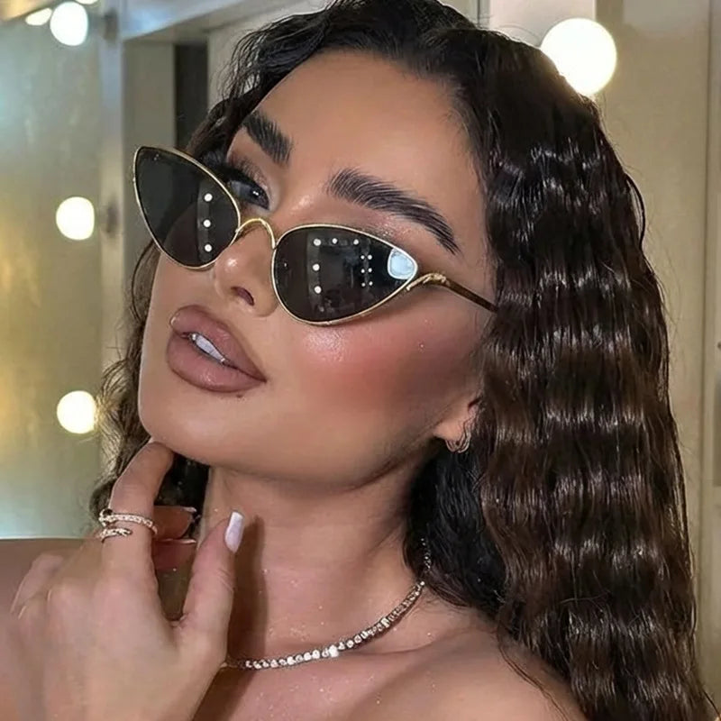 JNPCXI New Metal Cat Eye Women Sunglasses Fashion Clear Ocean Lens Gold Shades UV400 Men Trending Punk Sun Glasses