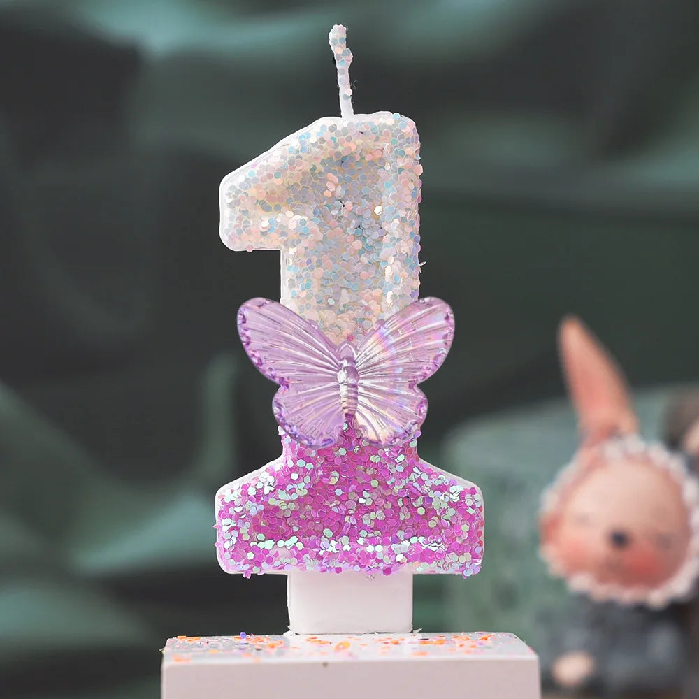Creative 0-9 Numbers And Letters Birthday Cake Candle, DIY Party Decoration Candle With Purple Butterfly Design And Glitter
