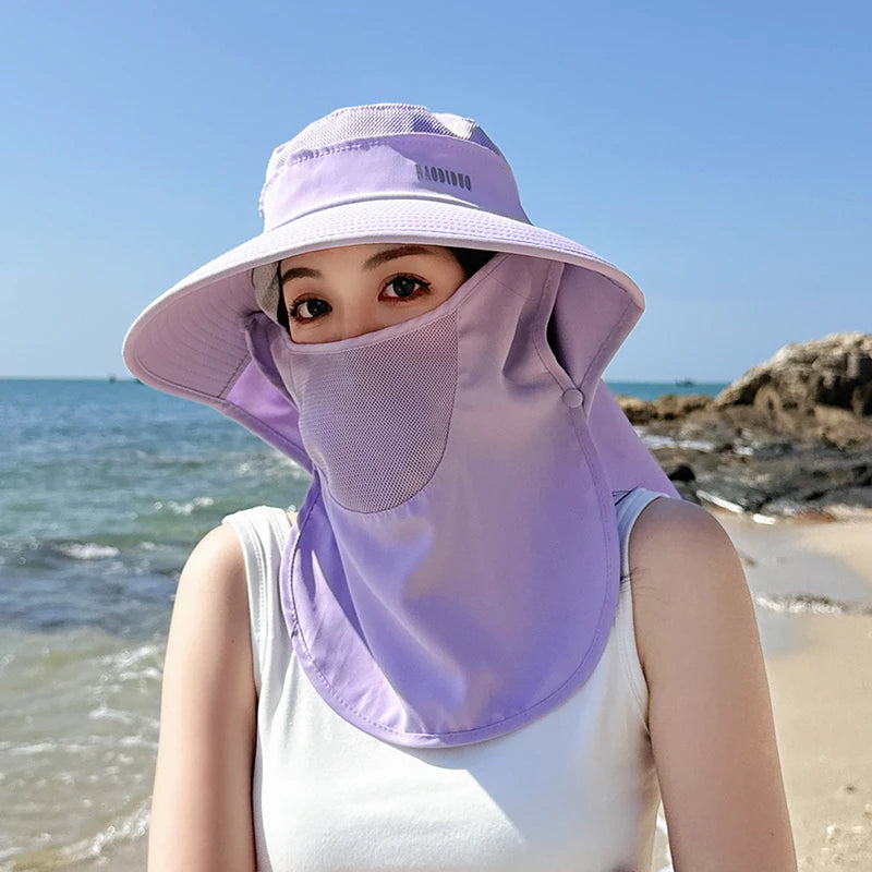 8458 Spring summer Cross border large cape sun block hat fashion face mask fisherman hat with ponytail hole visor hat children