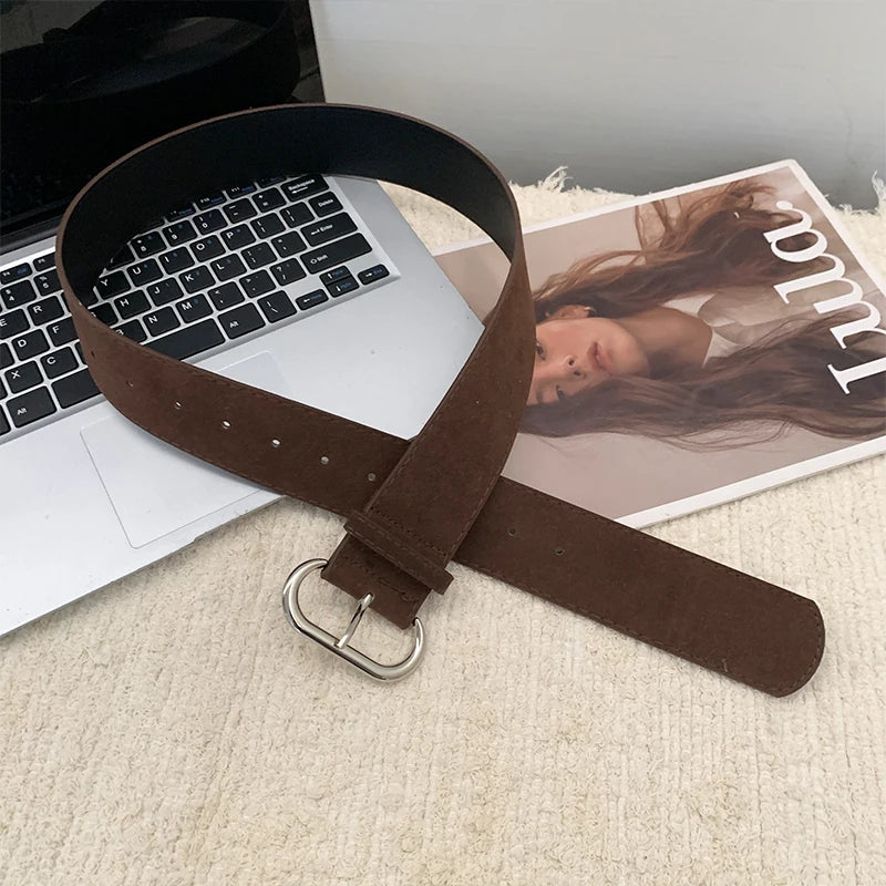 Retro Fashion Eye-Catching Suede Wide Belt With Metal Buckle Waist Belt Ins Versatile Decoration Belt