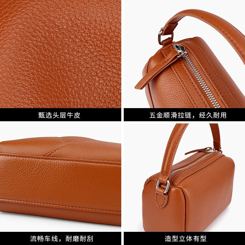 Genuine Cowhide Leather Mini Crossbody Bag for Women Pebbled Leather Top Handle Crossbody Bag with Geometric Stitching