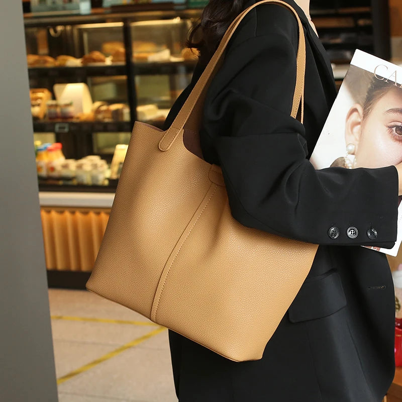 Genuine Cowhide Leather Tote Bag for Women Pebbled Leather Shoulder Bag with Removable Pouch&Silk Scarf Luxury Designer Handbag