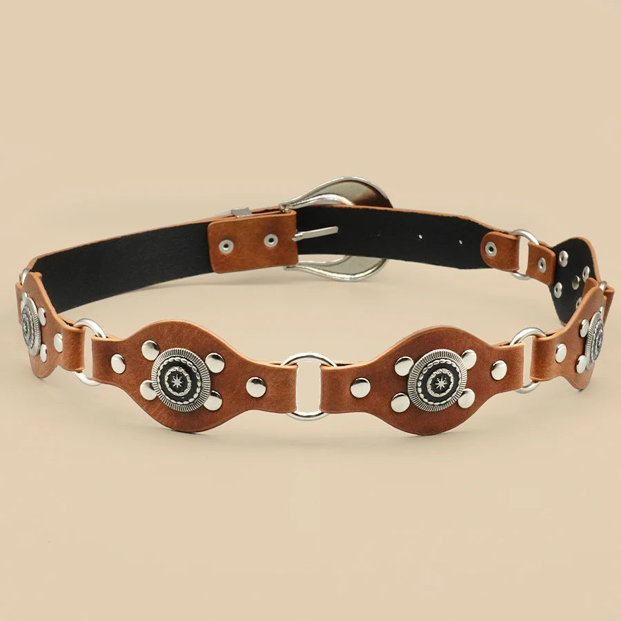 Brown Bohemian Vintage Women's Belt - Carved Rivet Design, Versatile for Daily, Date & Casual Wear