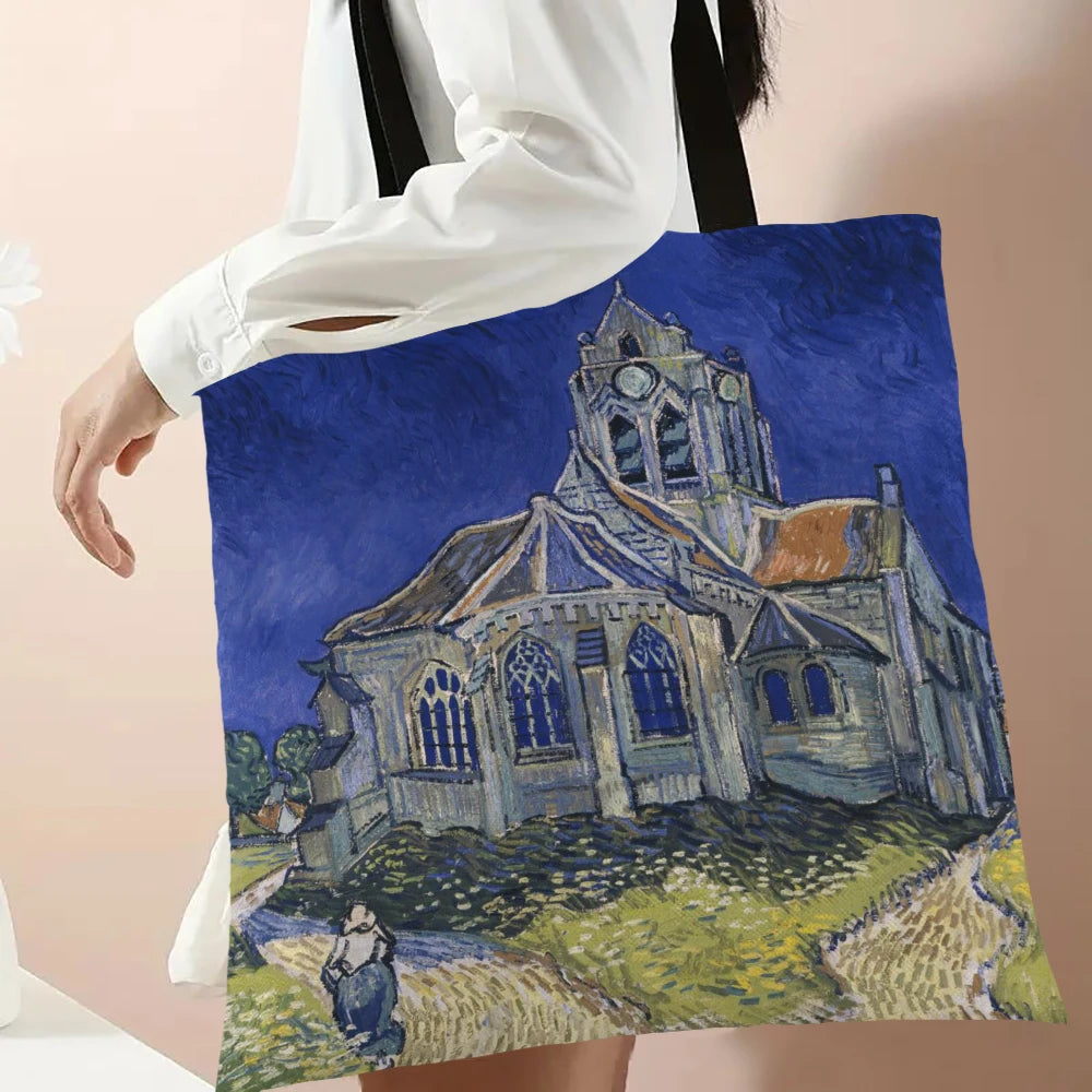 Van Gogh Series Linen Bag Oil Painting Starry Night Flower Handbag Shoulder Bag