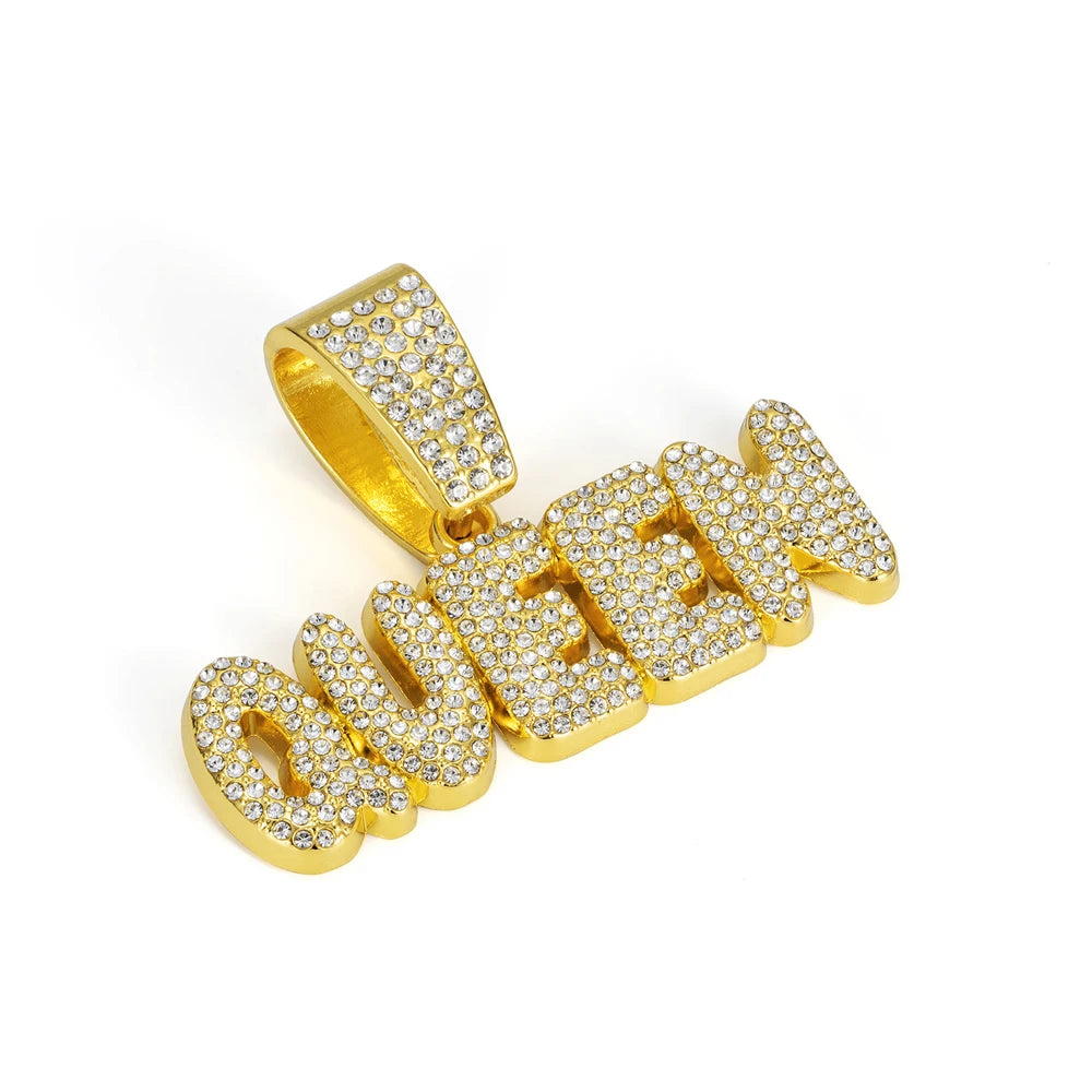 Hip Hop Letter QUEEN Pendant Pave Rhinestone With 13mm Cuban Chain Necklace For Men Fashion Iced Out Crystal Letter Jewelry Gift
