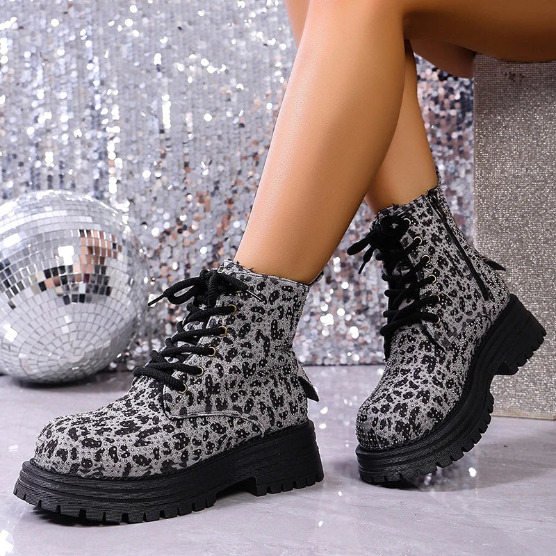 Fashion Leopard Print Platform Ankle Boots Women Lace Up Thick Sole Crystal Short Booties Mujer Round Toe Zipper Modern Boots