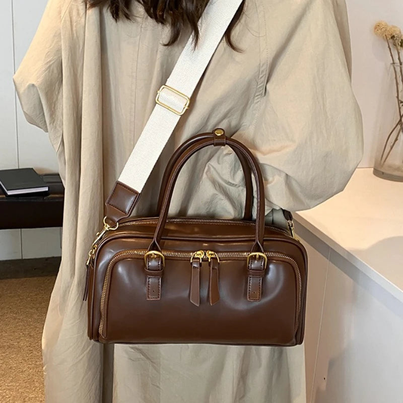 Vintage Handbags for Women Pu Leather Tote Bags 2026 Y2K Ladies Shoulder Bag Large Capacity Commute Wide Strap Crossbody Bag