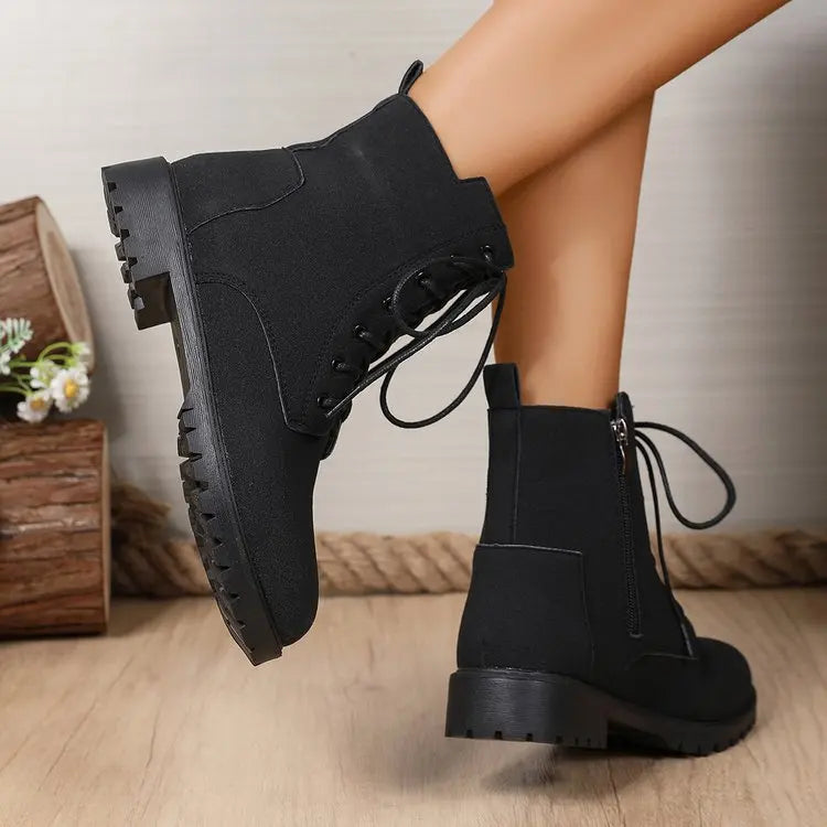 Retro Solid Zip Ankle Boots for Women Autumn Winter Square Heel Lace-Up Women\'s Boots Plus Size Round Toe Shoes of Woman