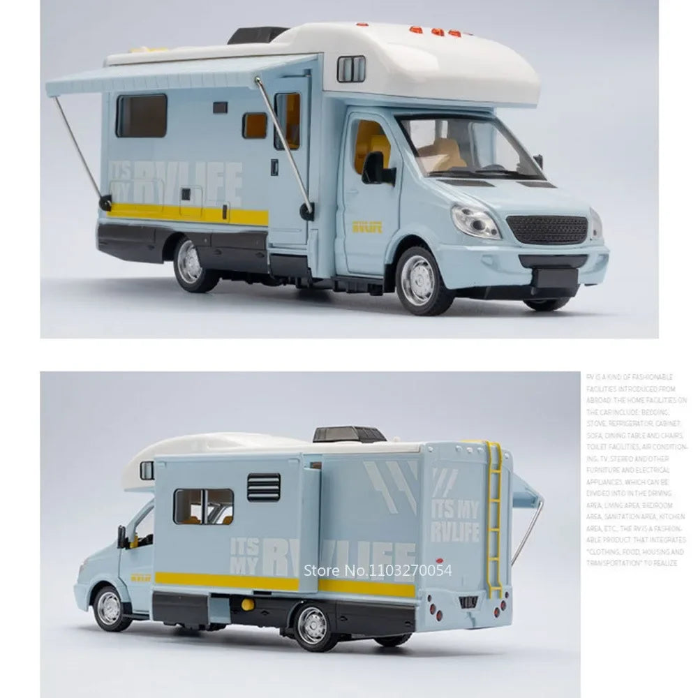 1/32 Tourist RV Model Toys Car Alloy Diecast Vehicle Doors Opened Metal Body Rubber Tire Sound Light Pull Back Toy Gift for Kids