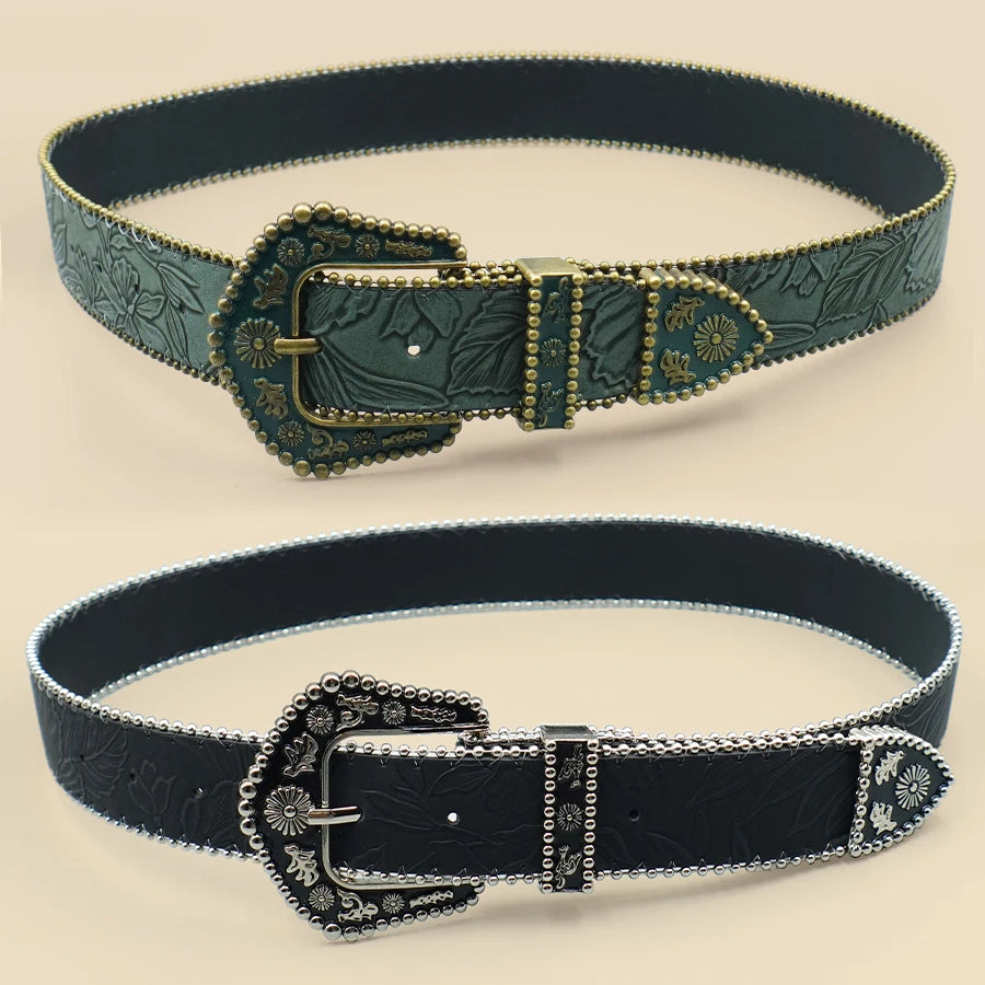 Bohemian Women's Belt with Metal Bead Accents - Vintage Carved Buckle & Leaf-Engraved Chain Detailing for Casual Elegance