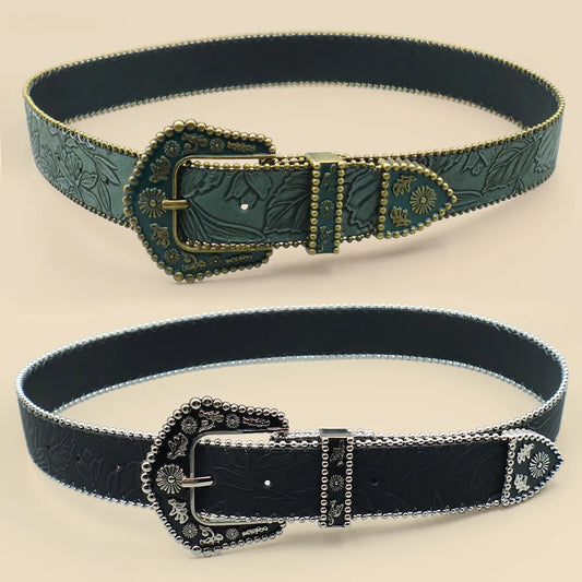 Bohemian Women's Belt with Metal Bead Accents - Vintage Carved Buckle & Leaf-Engraved Chain Detailing for Casual Elegance