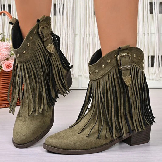 Vintage Tassel Detor Ankle Boots Women Spring Autumn Pointed Toe Square Heel Boots Woman Fashion Slip On Plus Size Booties Lady