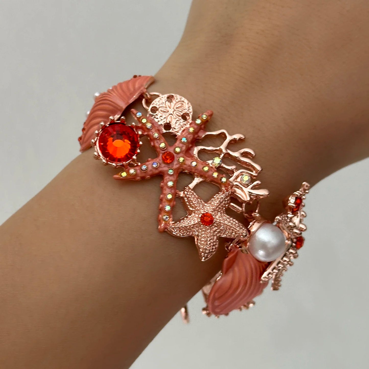 Statement Rose Gold Ocean Jewelry Set Women Chunky Coral Starfish Shell Pearl Crystal Necklace Bracelet Sunset Resort