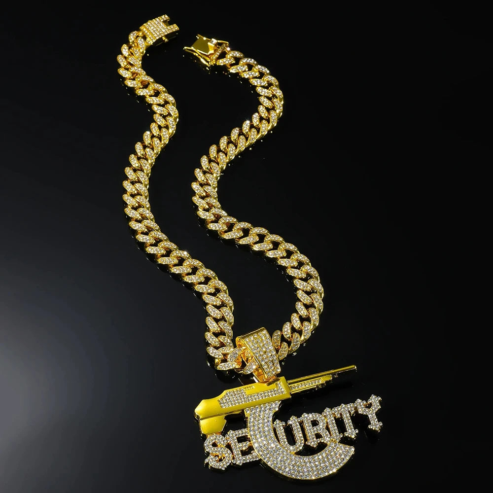 Hip Hop Sniper Gun Jewelry Letter SEURITY Pendant with 13mm Cuban Chain Men's and Women's Necklace Punk Hip Hop Accessories Gift