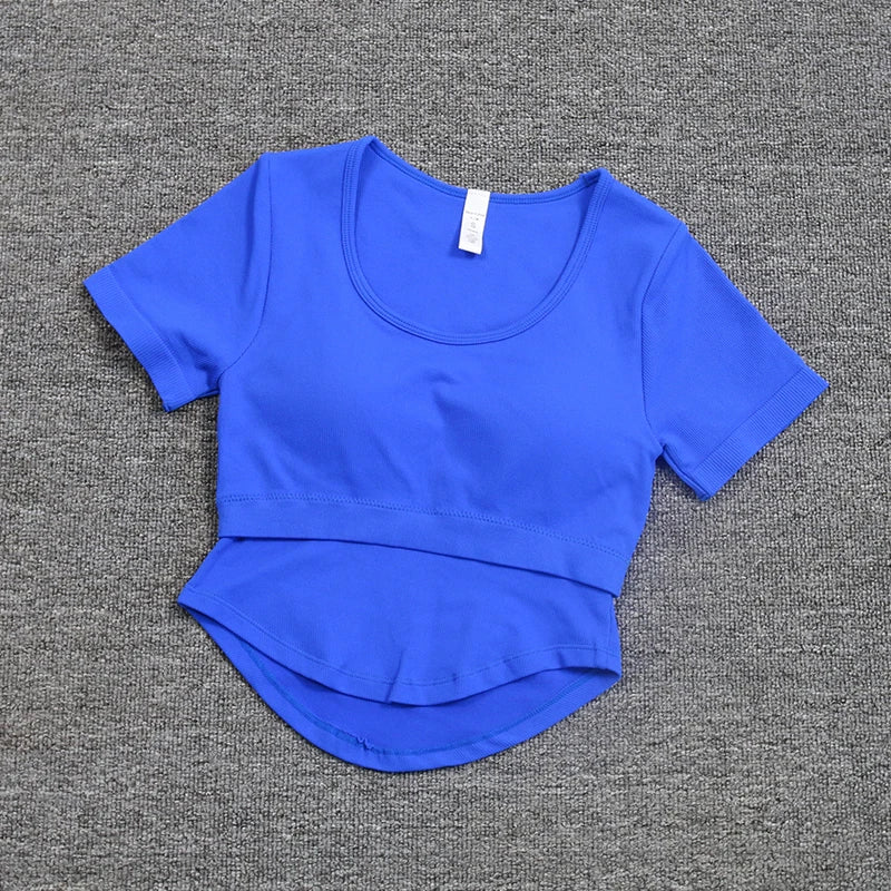 New Fixed Bra Yoga Suit Slimming Sports Top Women's Short Sleeve Breathable Running Fitness Shirt