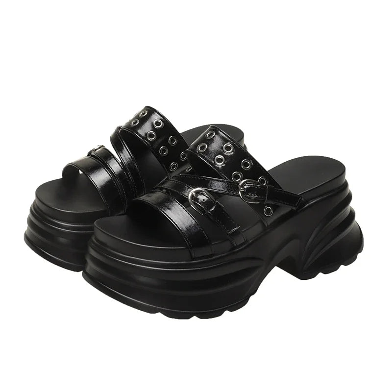 Summer Silver Chunky Platform Sandals Women Fashion Buckle Thick Bottom Slippers Woman Punk Wedges High Heels Sandalias Mujer