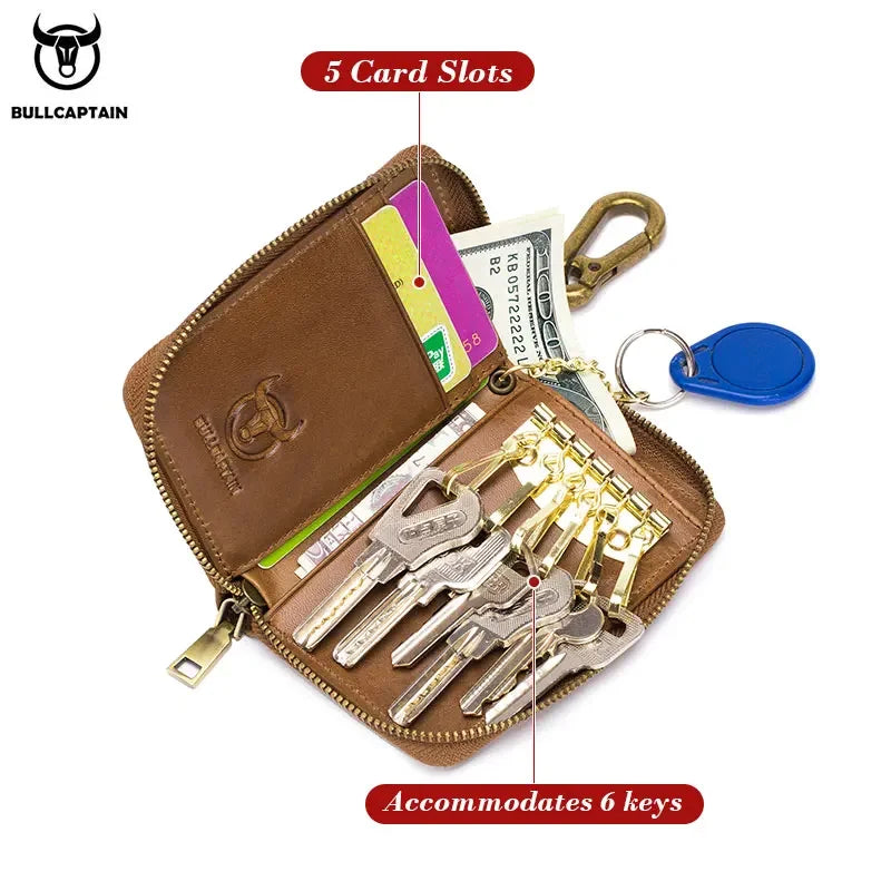 BULLCAPTAIN Genuine Leather Men's Key Card Holder High Quality Multifunctional Car Key Chain Wallet Mini Card Holder Key Holder