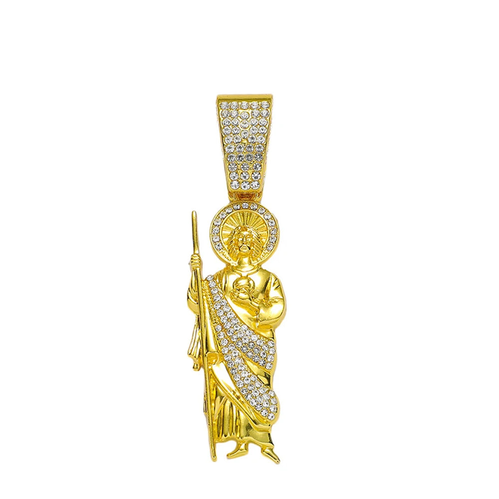 Hip Hop Men Bling Iced Out Crystal Miami Cuban Link Necklace For Women San Judas 13mm Cuban Chain Religious Jewelry Pendant Gift