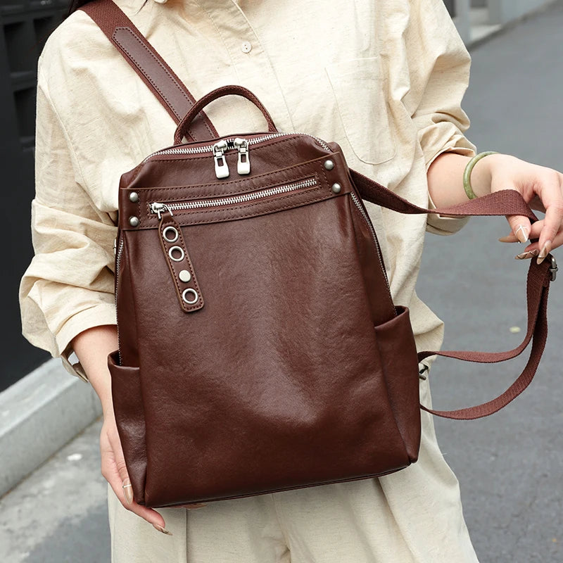 Women Natural Cow Leather Backpacks Lady Cowhide Design Large Capacity Bags Female Retro Versatile Backpacks Ladies Fashion Bag