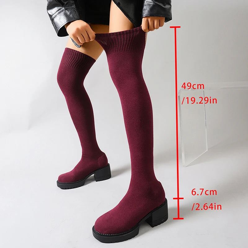 Fashion Chunky Heel Over The Knee Boots Women Plus Size 35-42 Stretch Knitted Sock Boots Woman Non Slip High Heels Long Botas