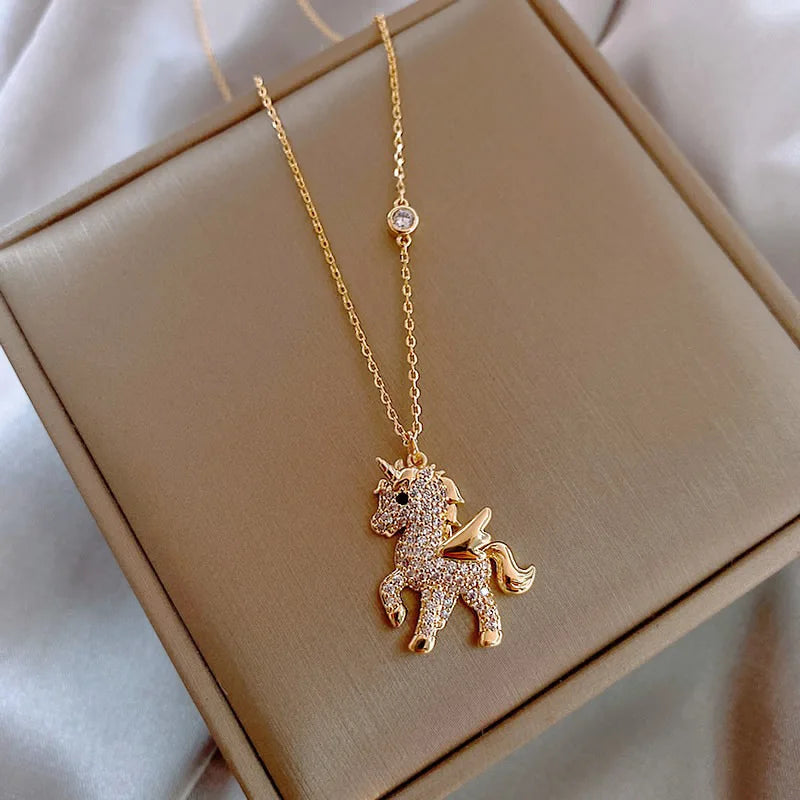Fashion Cubic Zircon Flying Horse Necklace Gold Plated Cute Horse Pendant for Women  Personality Animal Jewelry Anniversary Gift