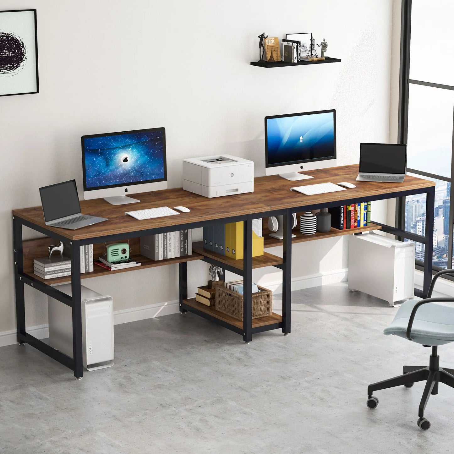 Tribesign Two Person Desk with Bookshelf, 78.7 Computer Office Double Work Desk