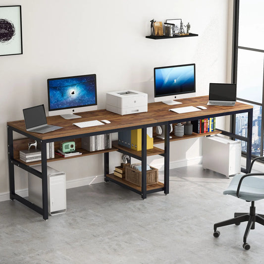 Tribesign Two Person Desk with Bookshelf, 78.7 Computer Office Double Work Desk