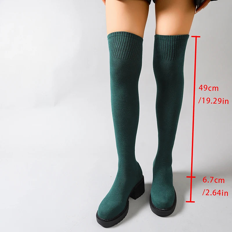 Fashion Chunky Heel Over The Knee Boots Women Plus Size 35-42 Stretch Knitted Sock Boots Woman Non Slip High Heels Long Botas